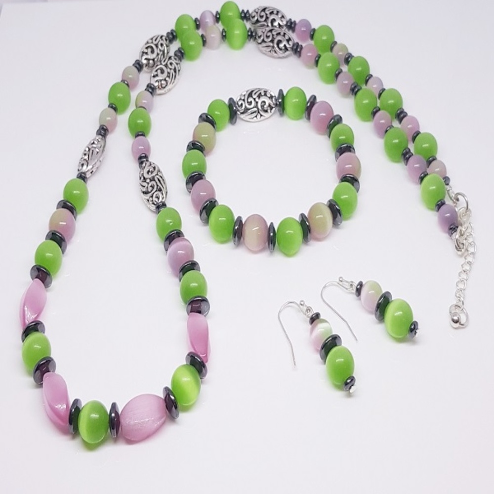 Pink & Green Cat's Eye Beaded Trio Set